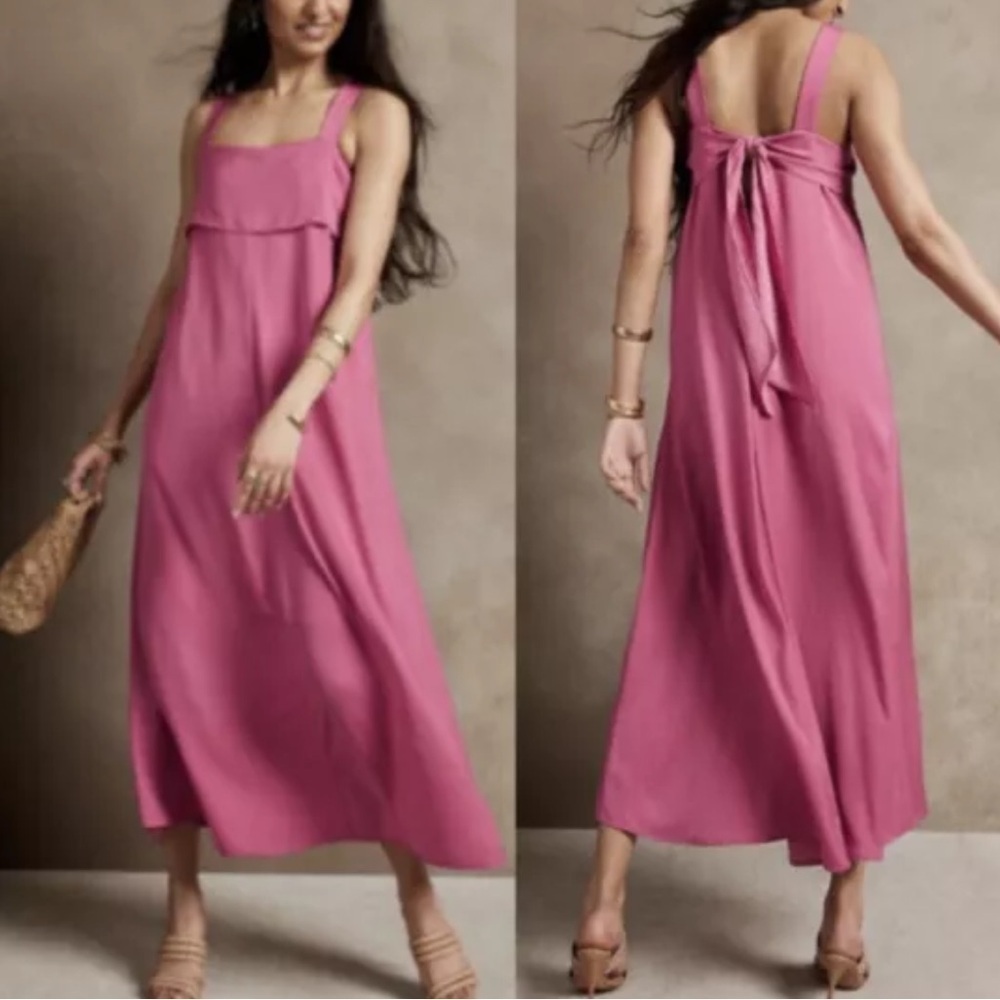Banana Republic Tie Back Midi Dress Size XS Pink Satin Sleeveless Square Neck